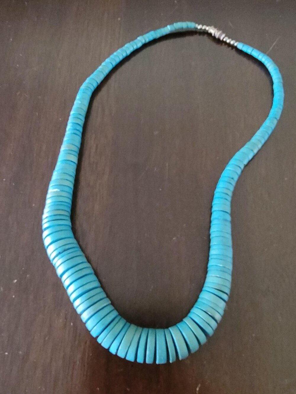 Vintage 1970s Dyed Wood Heishi Disc Bead Necklace Graduated Boho Blue